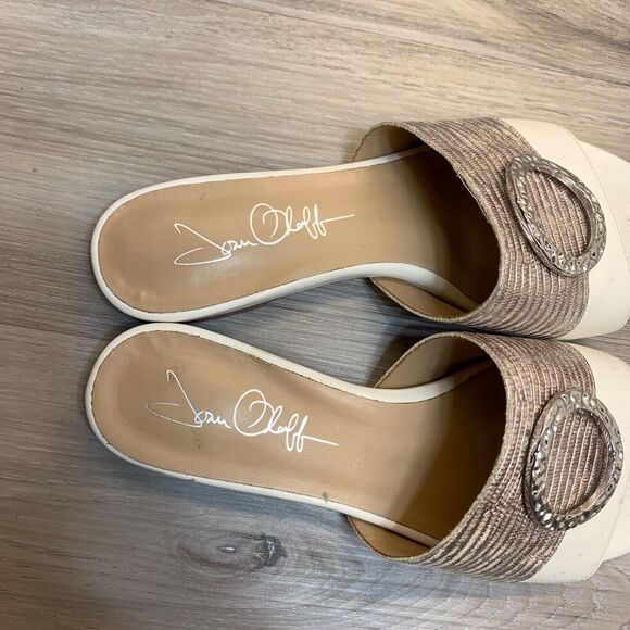 Joan Oloff Womens 7M Leather Slip On Slide Sandals White Silver Ring Accent - Picture 9 of 11